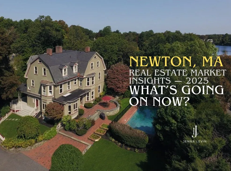 Newton, MA real estate market insights for 2025, featuring an aerial view of a home and pool.