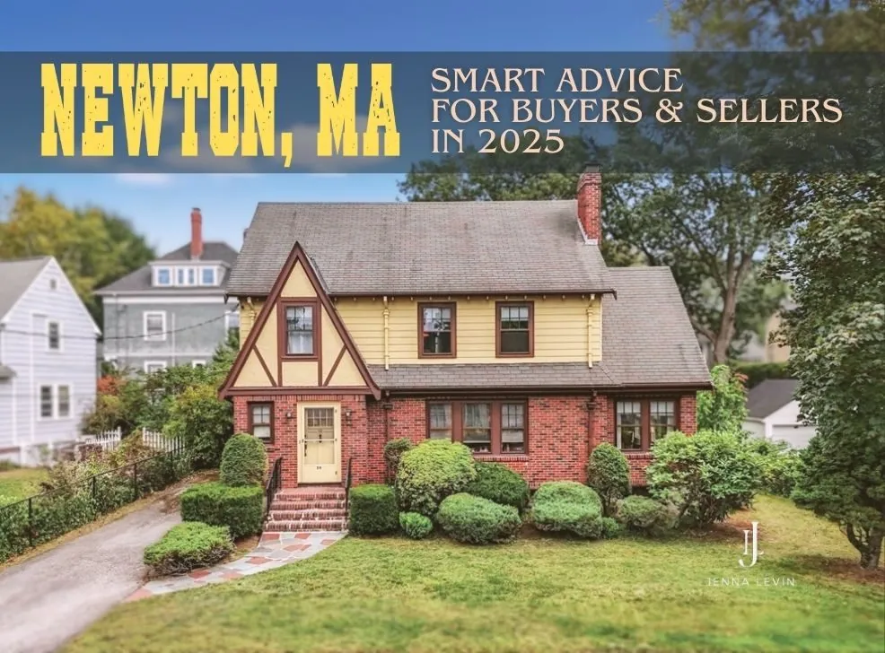 Newton home with brick and yellow siding, a steep gabled roof, and a landscaped front yard.