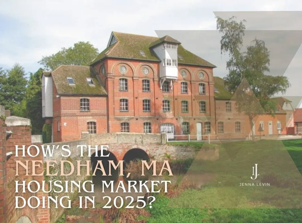 Needham, Massachusetts housing market question for 2025, over a photo of a red-brick building; Jenna Levin branding.