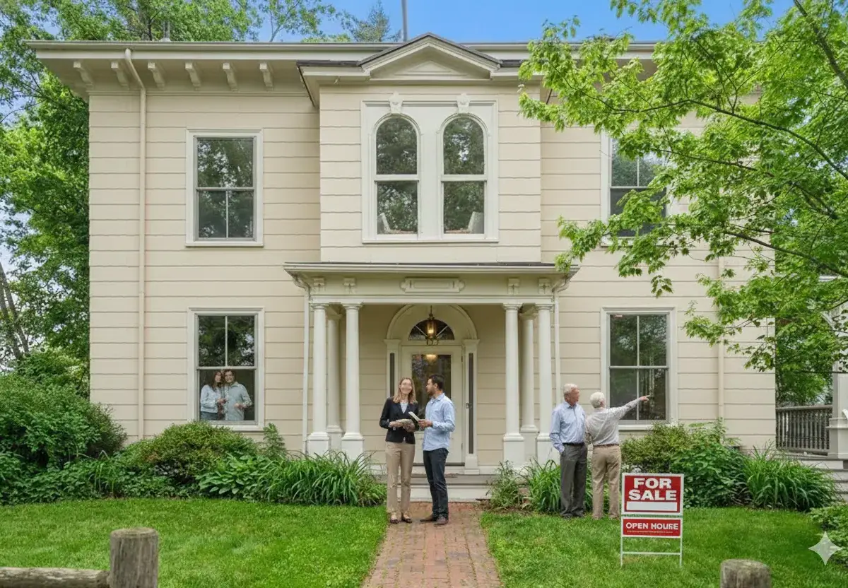 Cream two-story house with a columned entrance, people outside, and a for-sale sign.