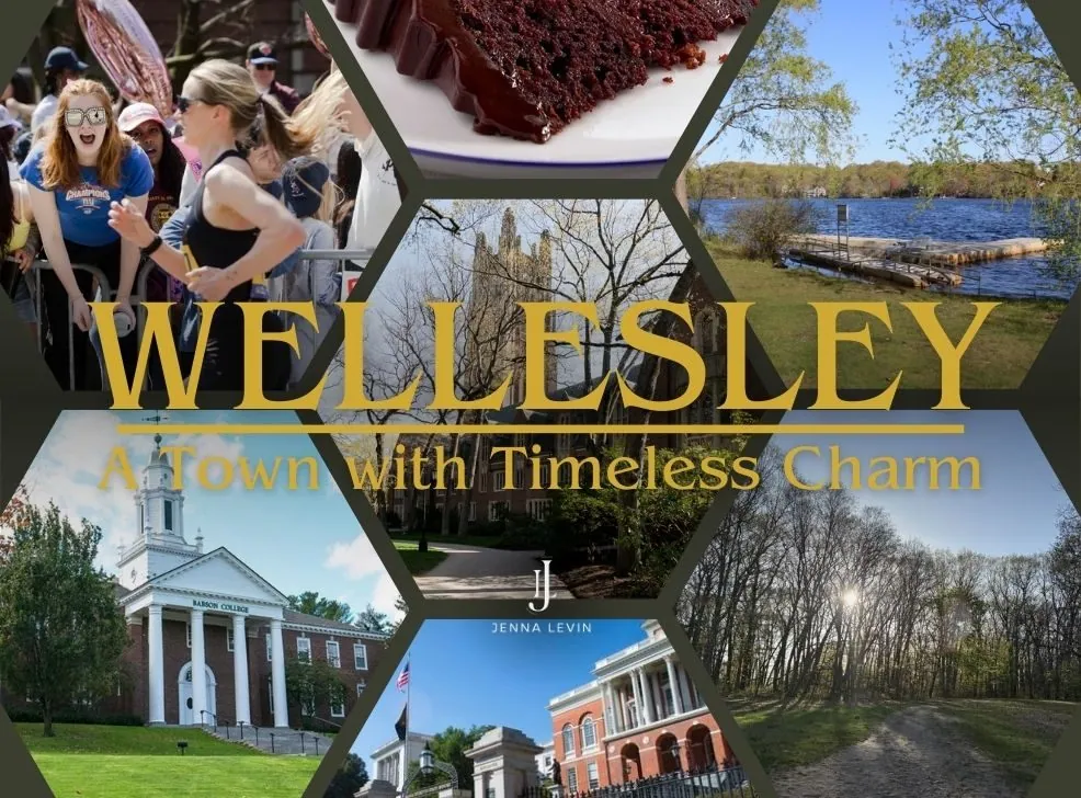 Wellesley collage featuring local landmarks, a lakeside dock, community gathering, and Jenna Levin branding.