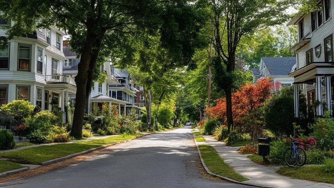 Tree-lined residential street with multi-story homes, front gardens, and a bicycle by a fence.