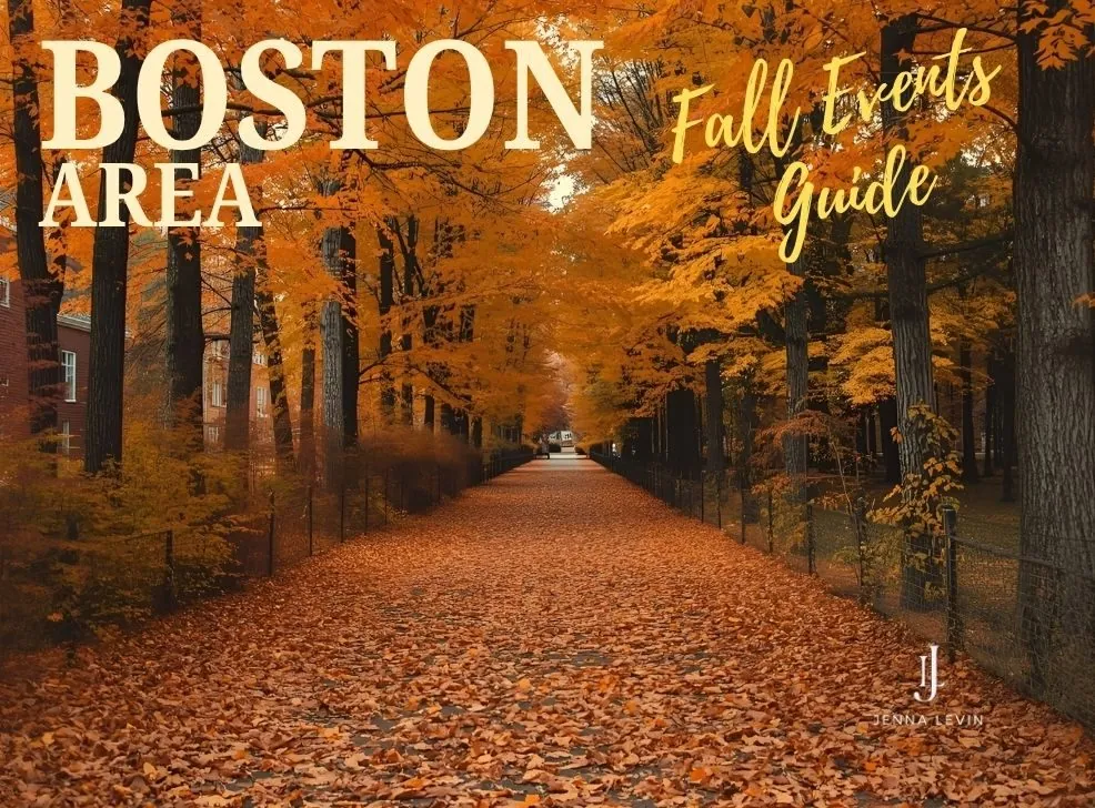 Boston-area fall events guide over an autumn path lined with orange trees.