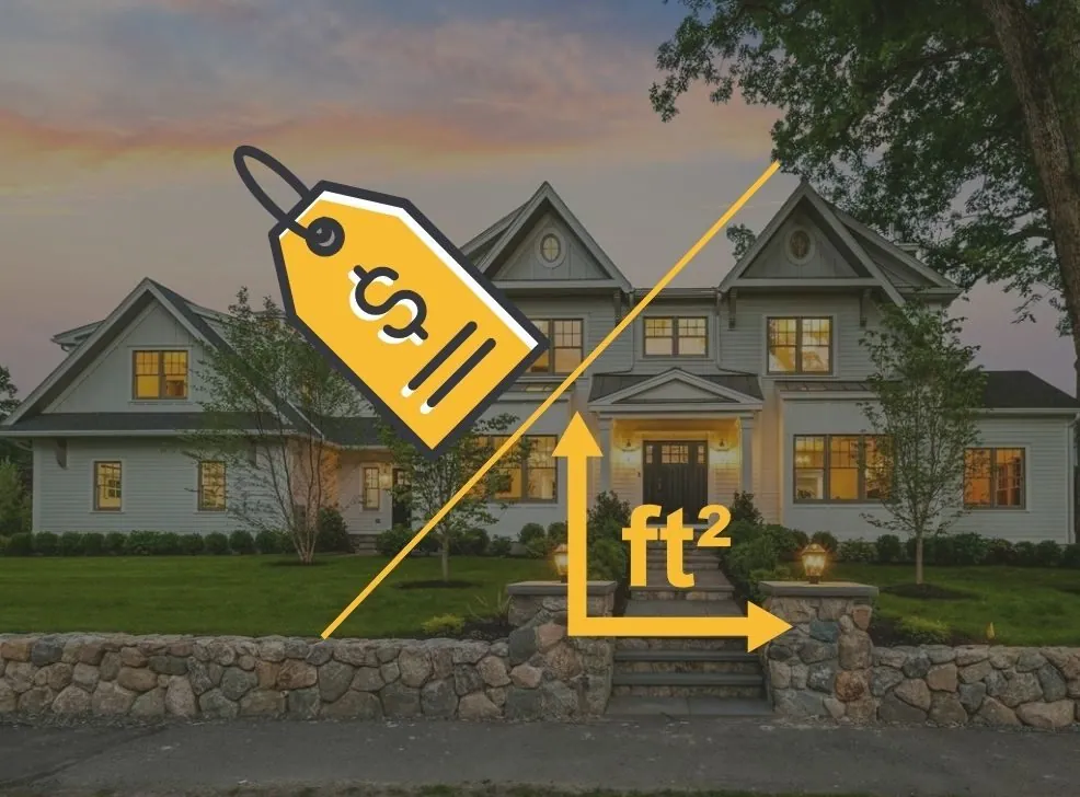 Real estate graphic showing a home, price tag, and square-footage measurement arrows.