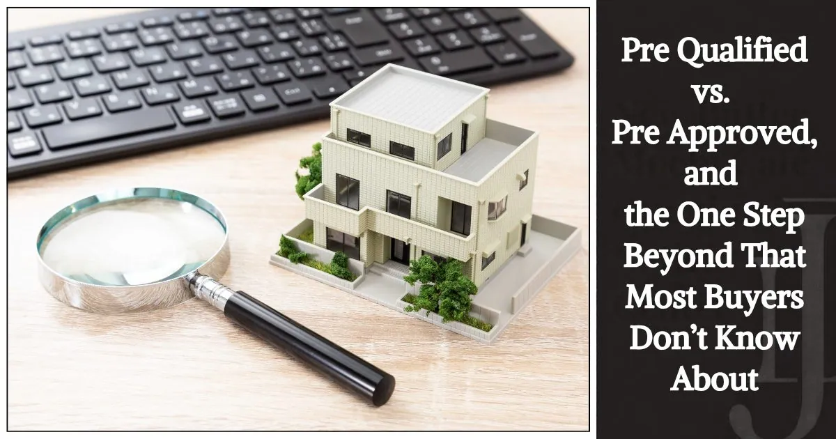 Pre-qualified versus pre-approved mortgage article graphic with a model house and magnifying glass.