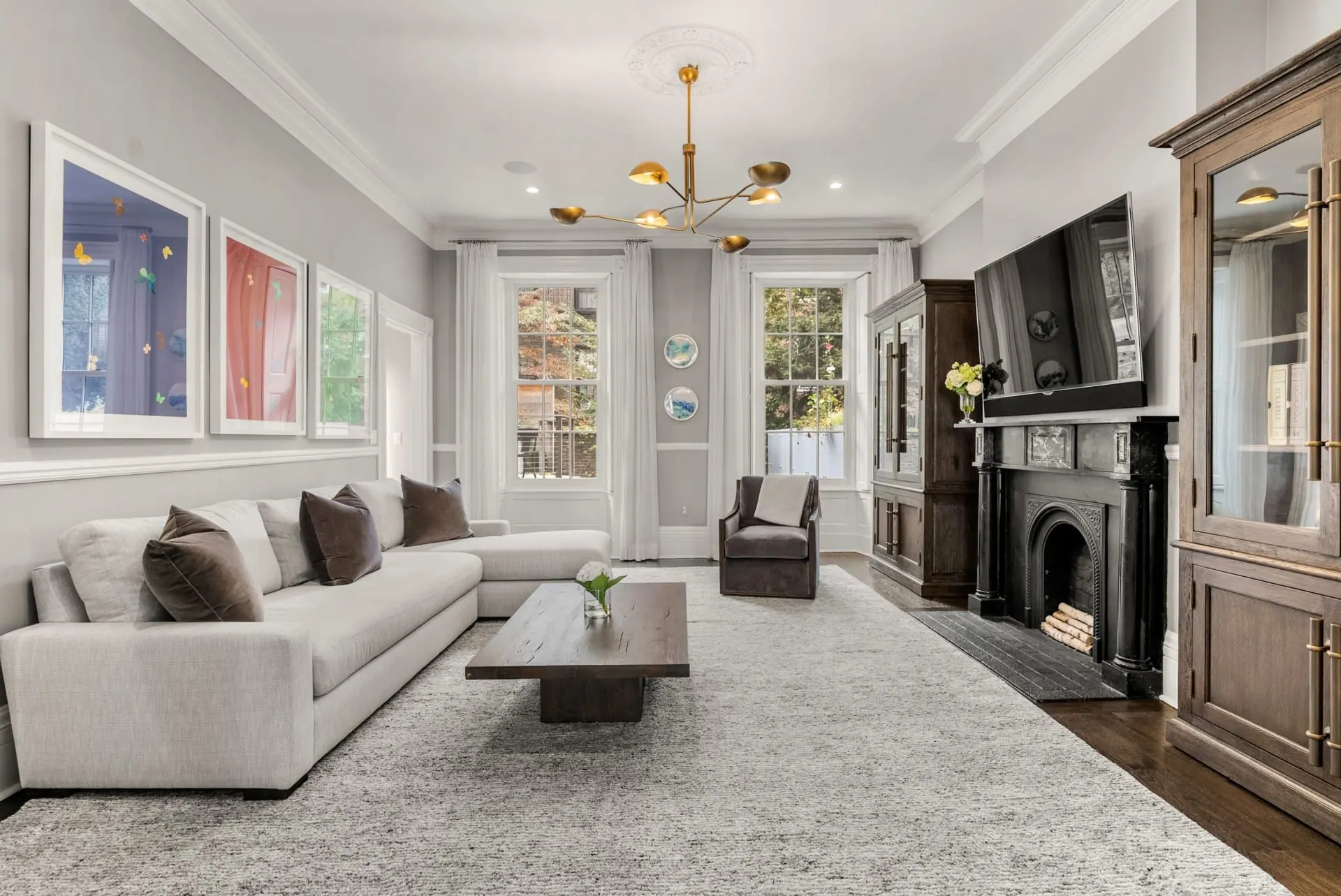 Living room with fireplace and built-ins