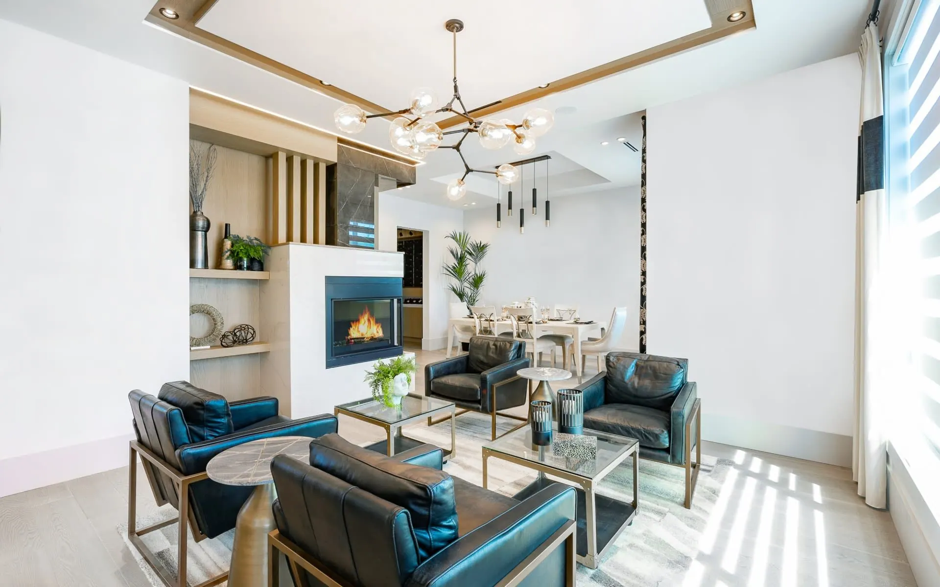 Sunlit lounge with fireplace